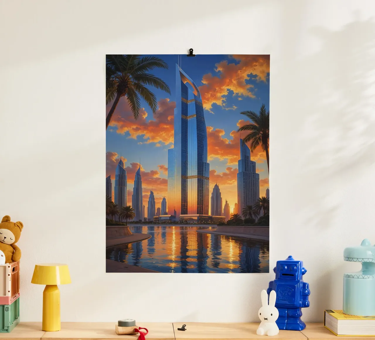 Towering Elegance – The Burj Khalifa at Twilight poster con telaio in legno da AlbertKlee
