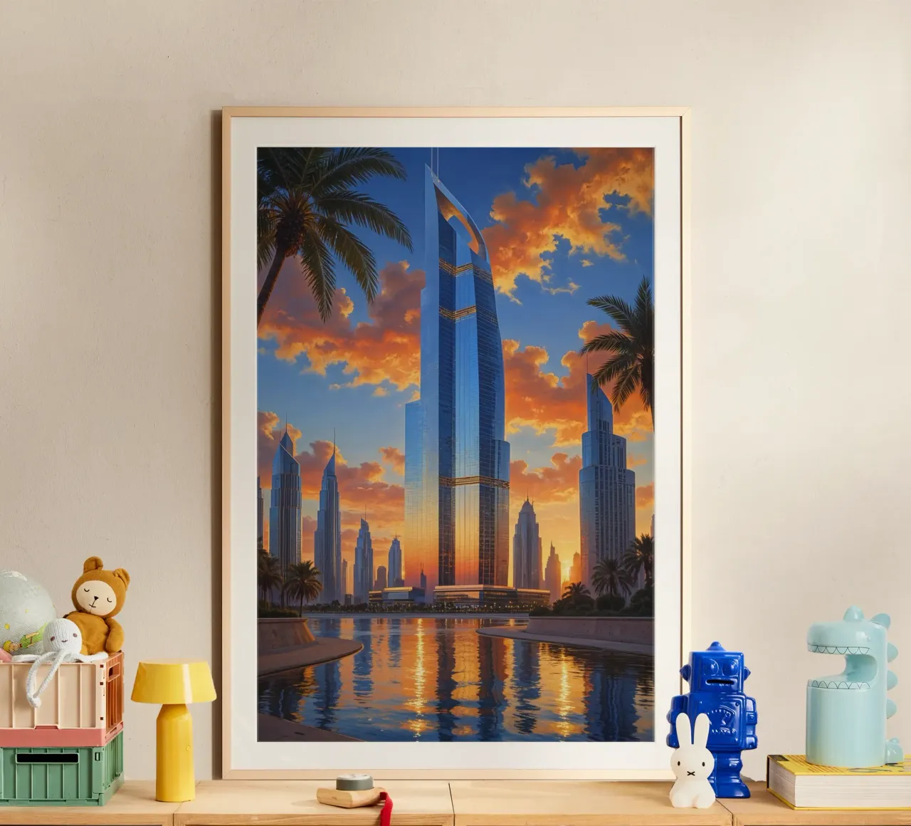 Towering Elegance – The Burj Khalifa at Twilight poster con telaio in legno da AlbertKlee