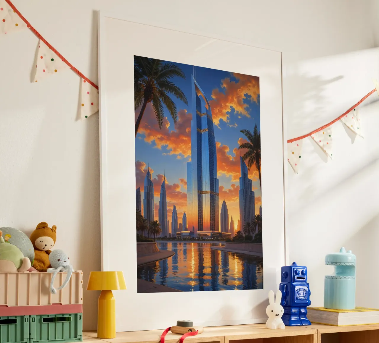 Towering Elegance – The Burj Khalifa at Twilight poster con telaio in legno da AlbertKlee