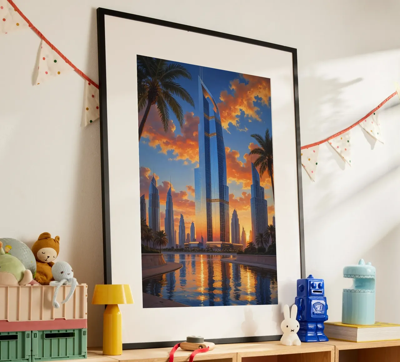 Towering Elegance – The Burj Khalifa at Twilight poster con telaio in legno da AlbertKlee
