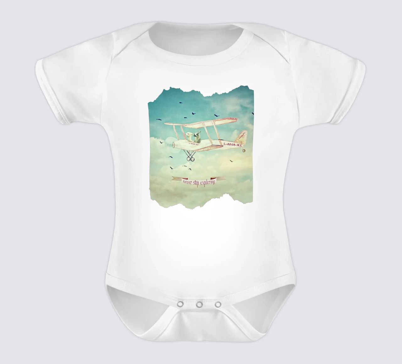Never Stop Exploring III - FUNNY ALPACAS ON TOUR short-sleeve baby romper by Monika Strigel