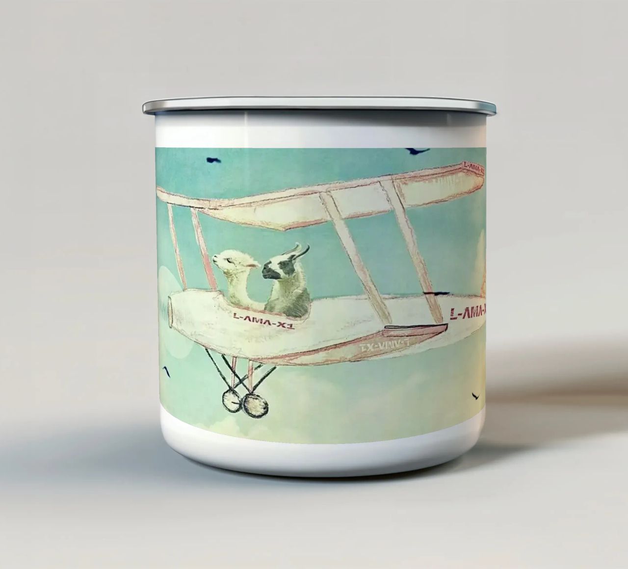 Never Stop Exploring III - FUNNY ALPACAS ON TOUR enamel mug by Monika Strigel