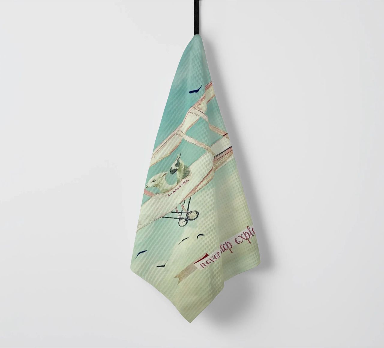 Never Stop Exploring III - FUNNY ALPACAS ON TOUR tea towel by Monika Strigel
