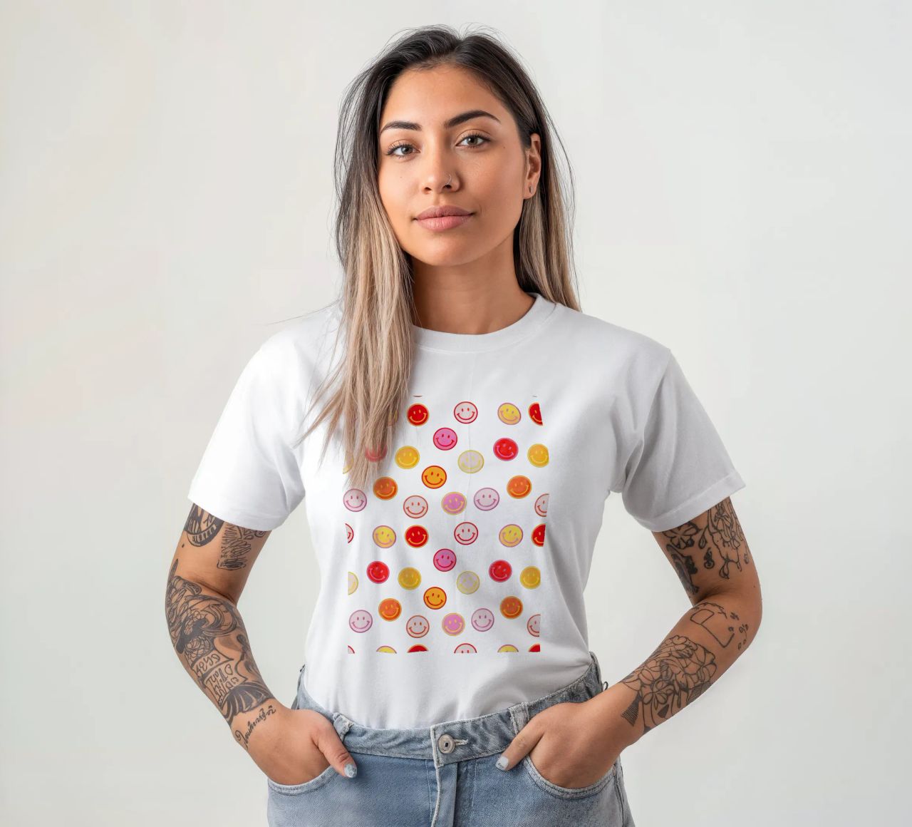 Smiling face colorful pattern in pink t-shirt da showmemars