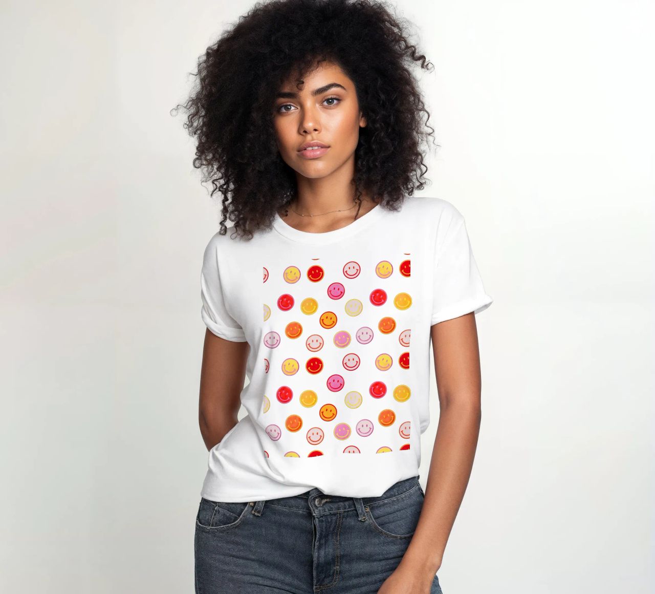 Smiling face colorful pattern in pink t-shirt da donna da showmemars