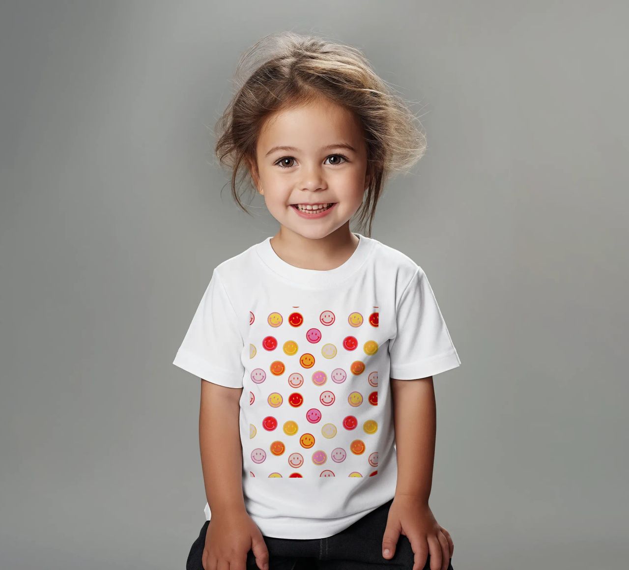 Smiling face colorful pattern in pink t-shirt bambini da showmemars