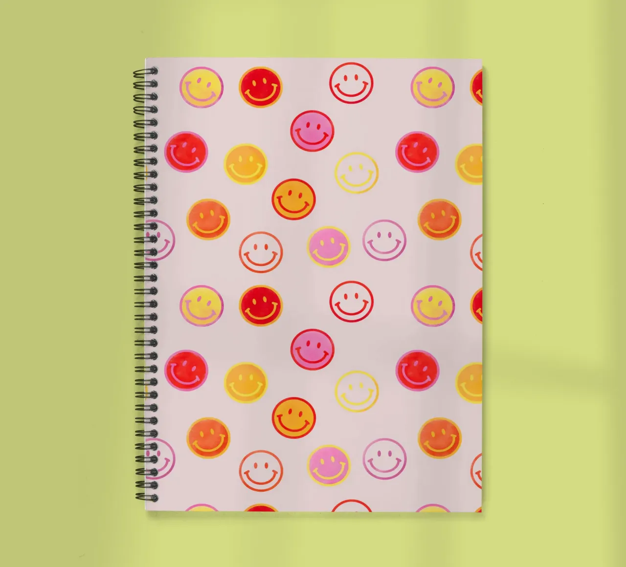 Smiling face colorful pattern in pink spiral notebook by showmemars