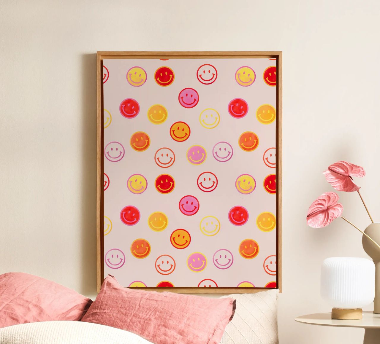 Smiling face colorful pattern in pink canvas by showmemars