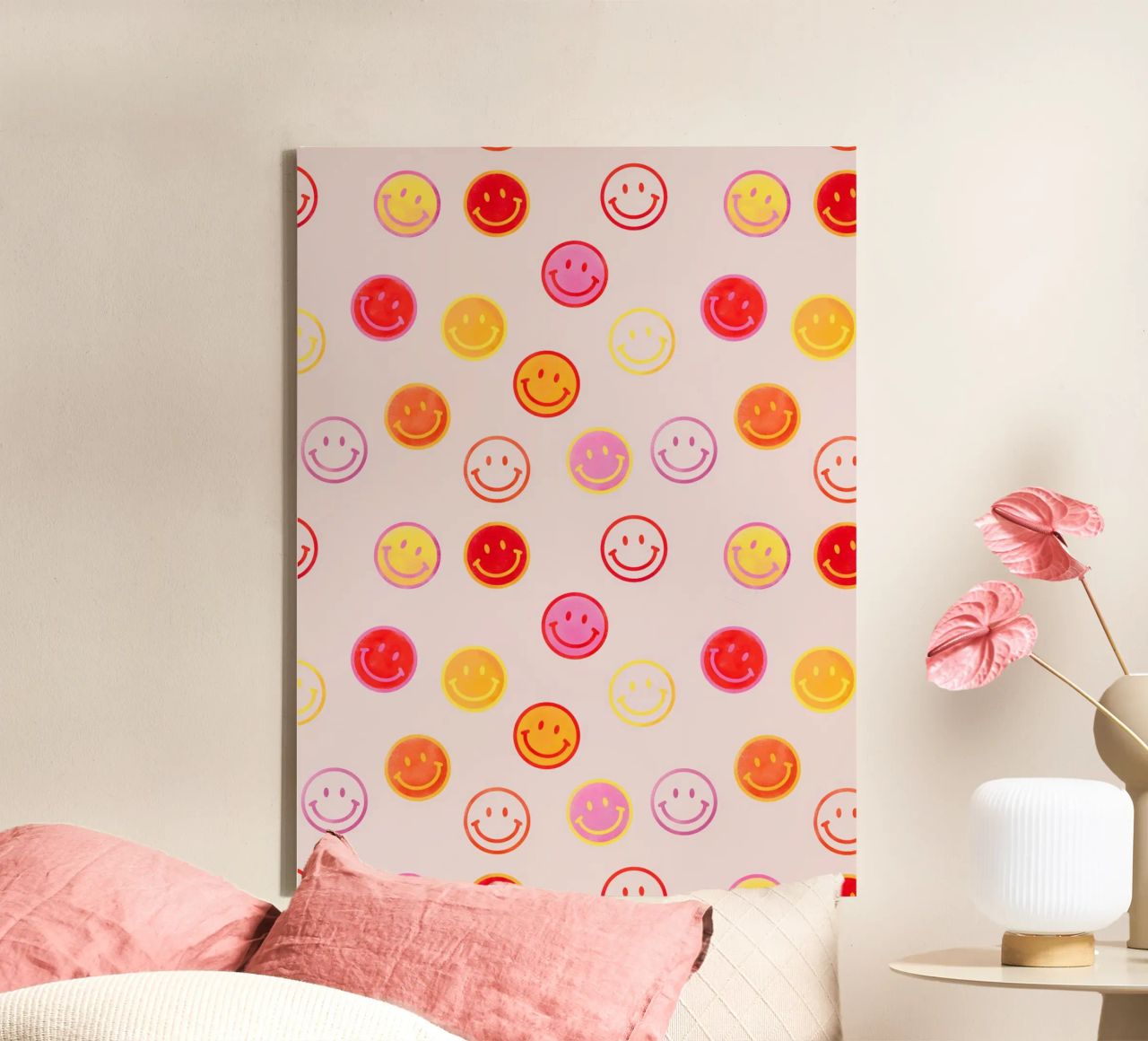 Smiling face colorful pattern in pink canvas by showmemars