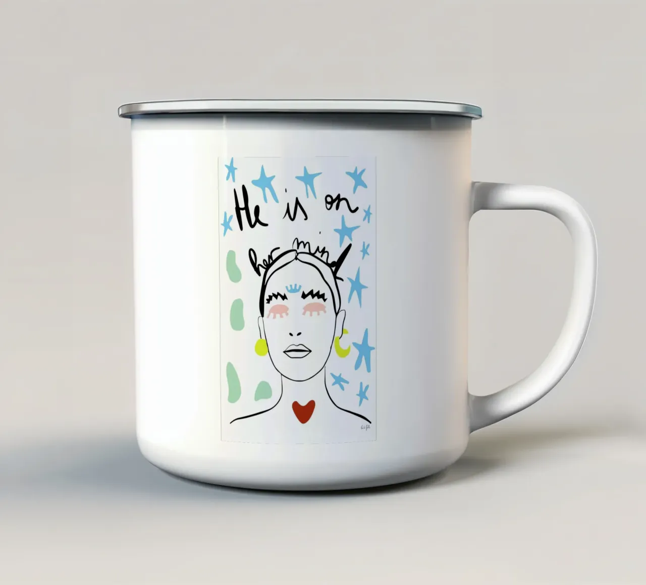 He on Her Mind tazza in smalto da Linda Gobeta