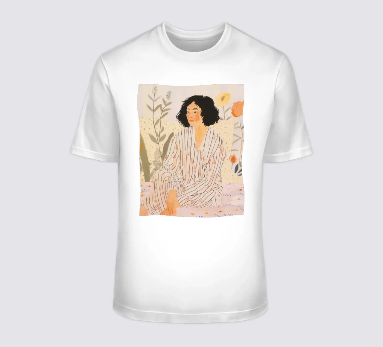 Modern Wall Art, Breakfast Woman Illustration, Floral Poster t-shirt by Boheme