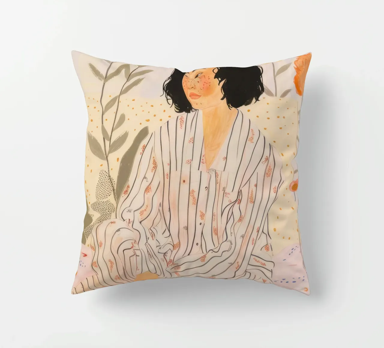 Modern Wall Art, Breakfast Woman Illustration, Floral Poster decorative cushion by Boheme