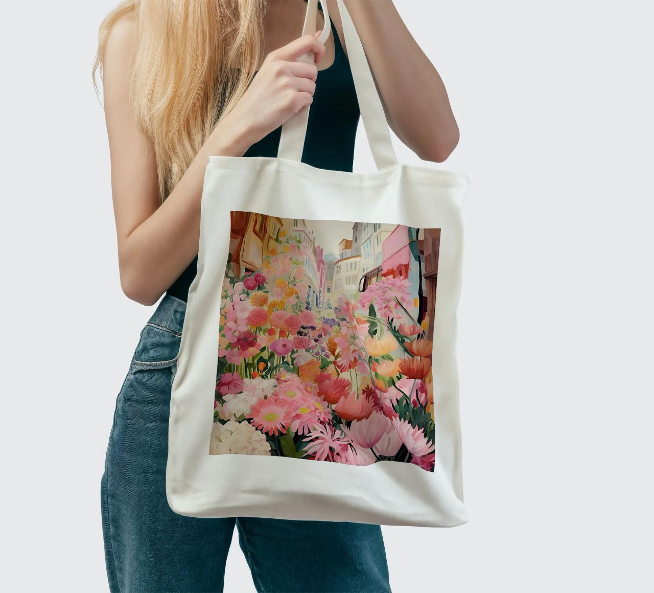 Blumenmarkt, Floral Poster, Abstrakter Druck, Moderne Kunst Jutebeutel von Boheme