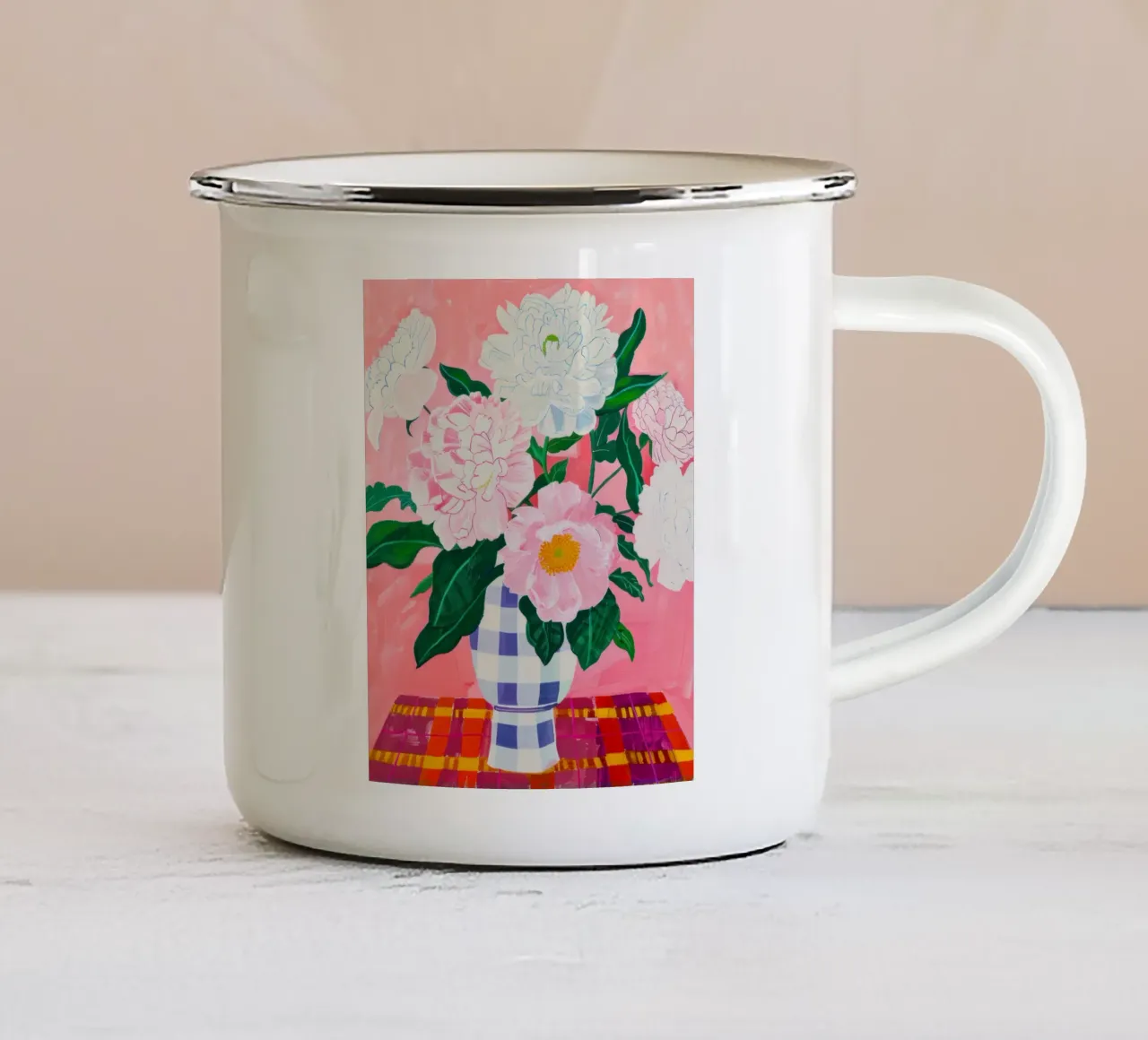 Abstracte Bloemen Poster, Pioenroos Print Moderne Abstracte Kunst emaille mok van Boheme