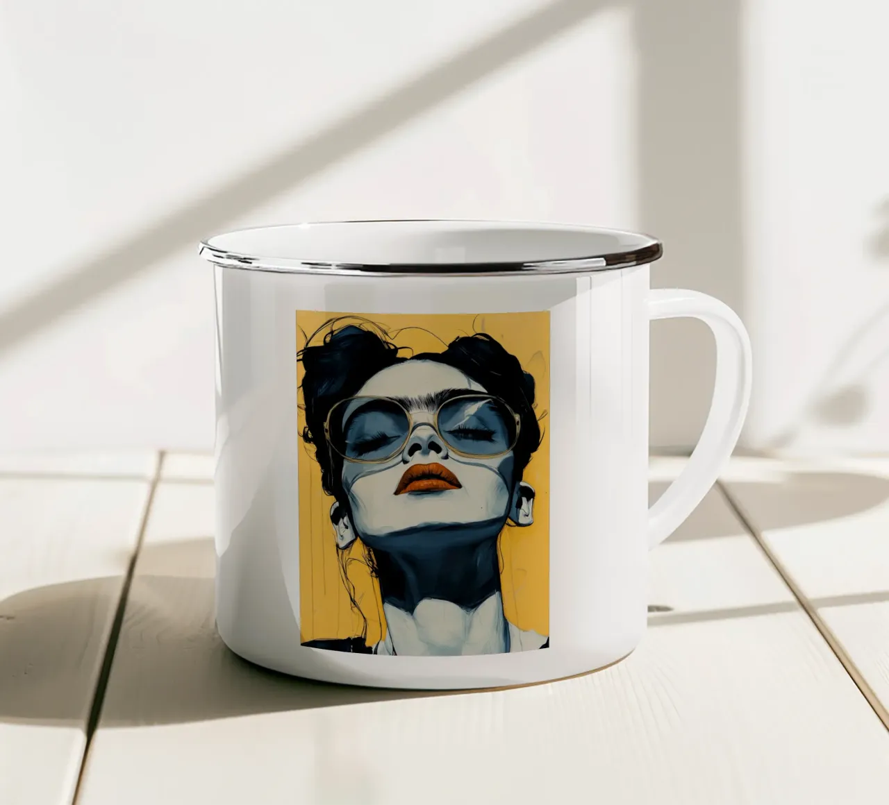Woman face enamel mug by Justyna Jaszke JBJart