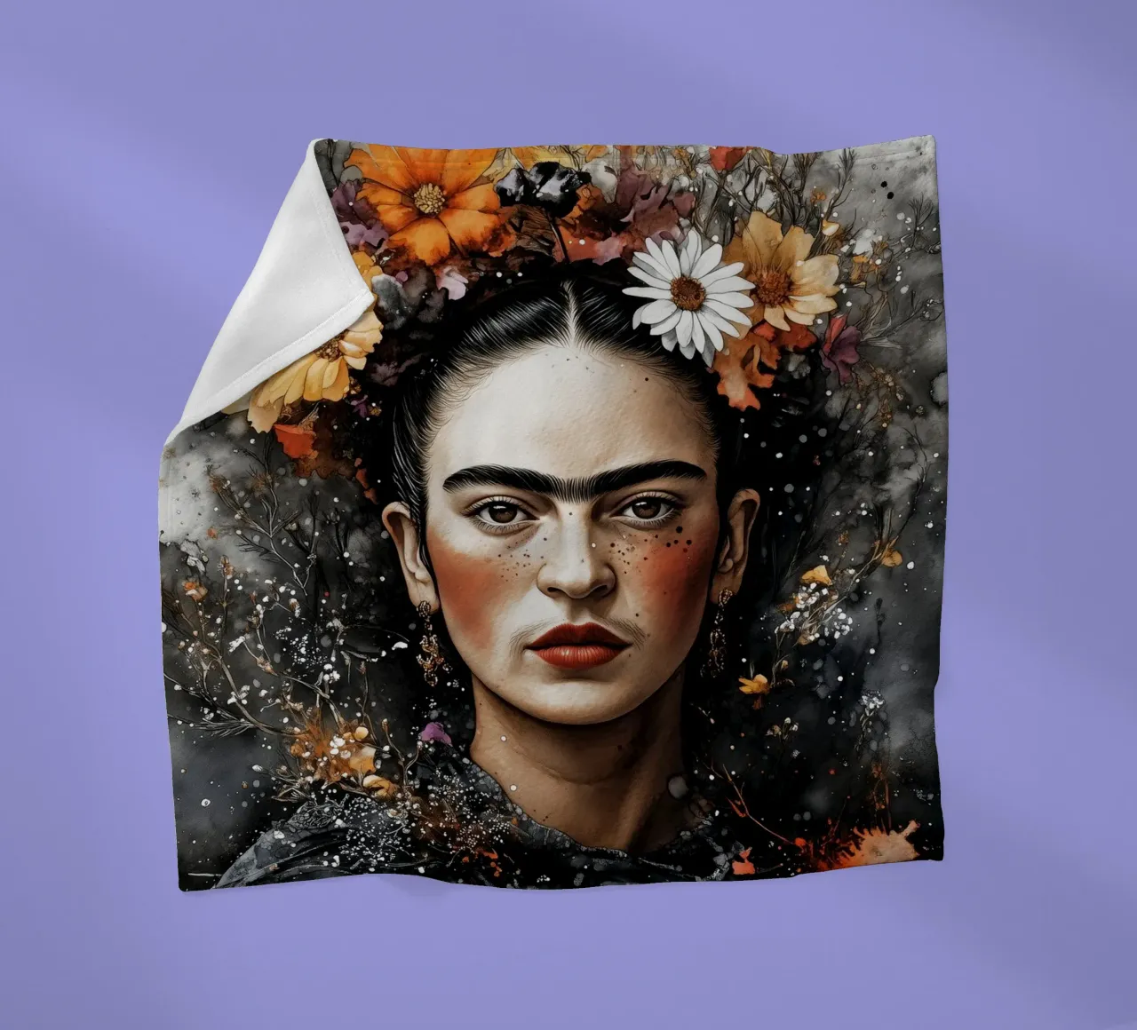 Frida portrait fleece blanket by Justyna Jaszke JBJart