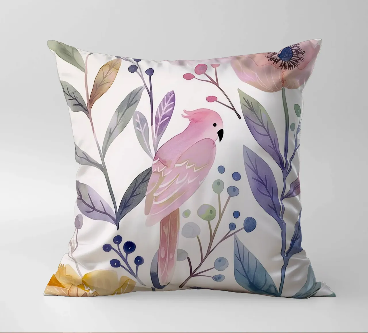 Uccello botanico vintage Cacatua rosa Pappagallo Fiori di papavero cuscino da Gentle Echoes Art