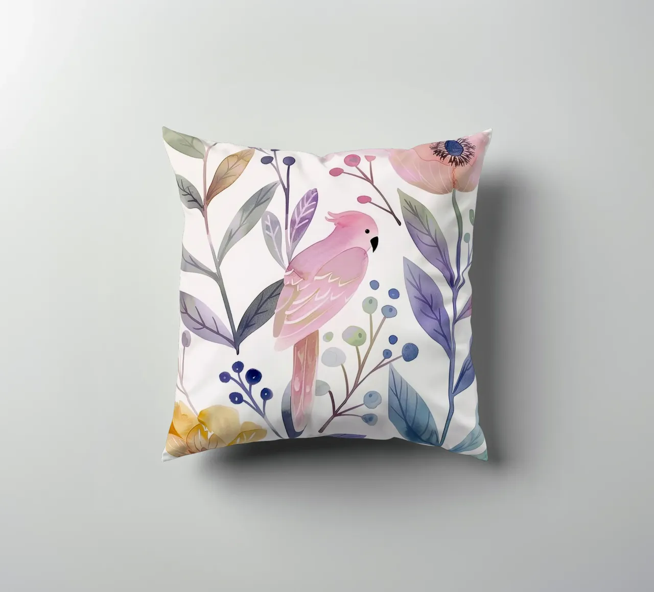 Uccello botanico vintage Cacatua rosa Pappagallo Fiori di papavero cuscino da Gentle Echoes Art