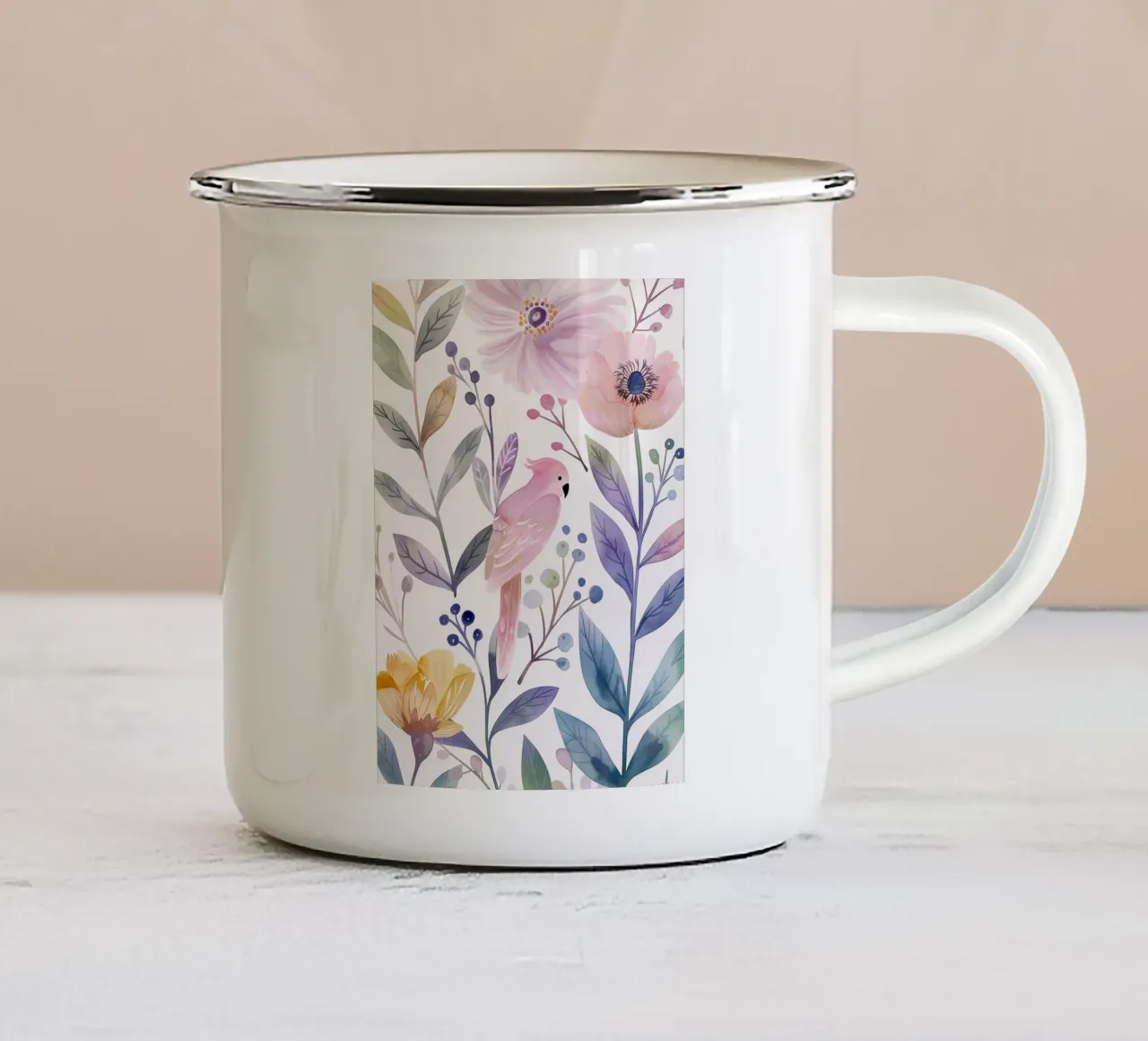 Uccello botanico vintage Cacatua rosa Pappagallo Fiori di papavero tazza in smalto da Gentle Echoes Art