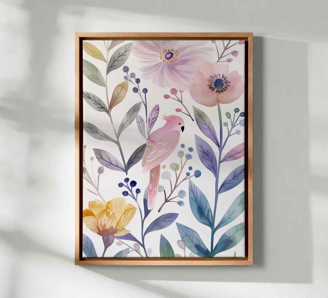 Uccello botanico vintage Cacatua rosa Pappagallo Fiori di papavero tela con Cornice a cassetta da Gentle Echoes Art