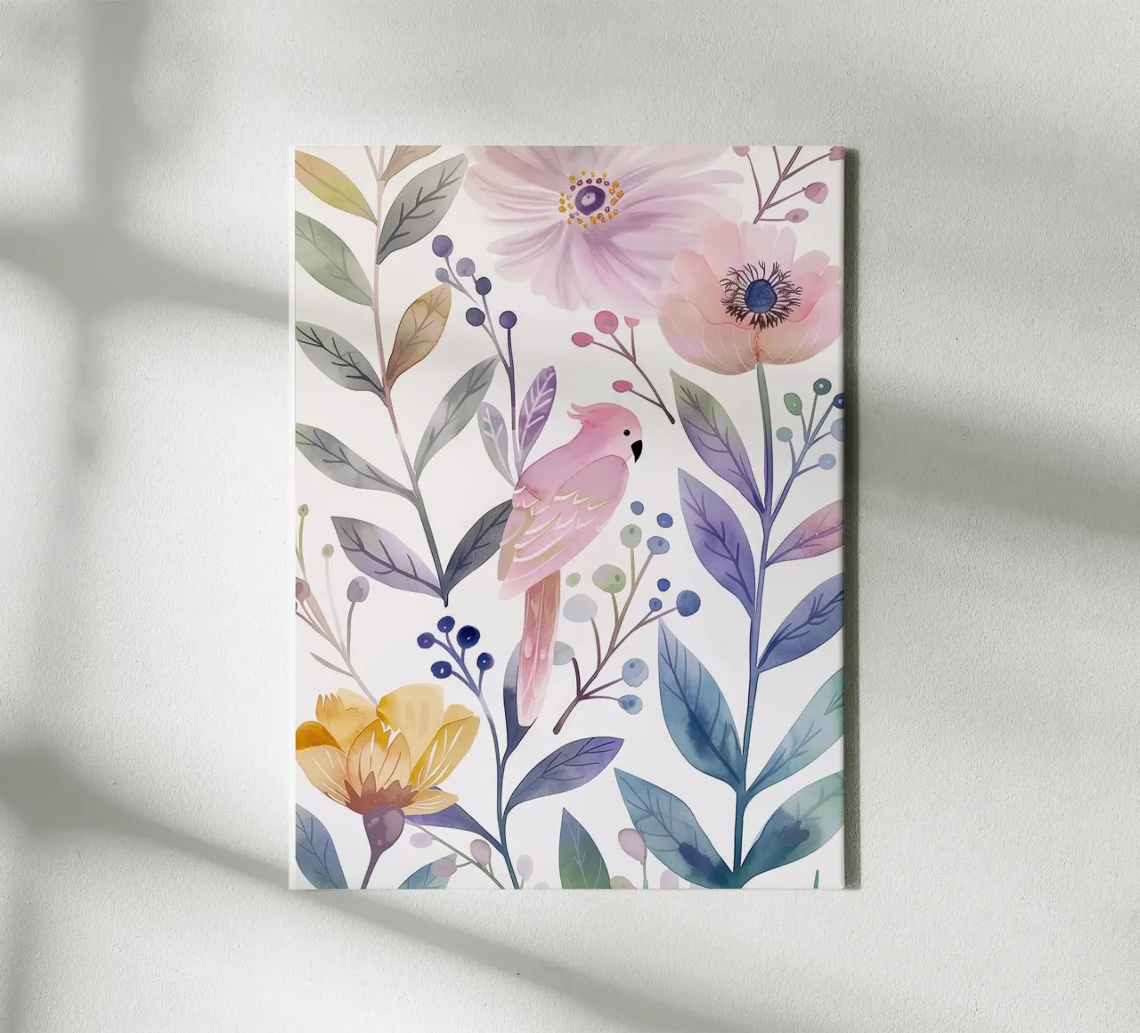 Uccello botanico vintage Cacatua rosa Pappagallo Fiori di papavero tela con Cornice a cassetta da Gentle Echoes Art