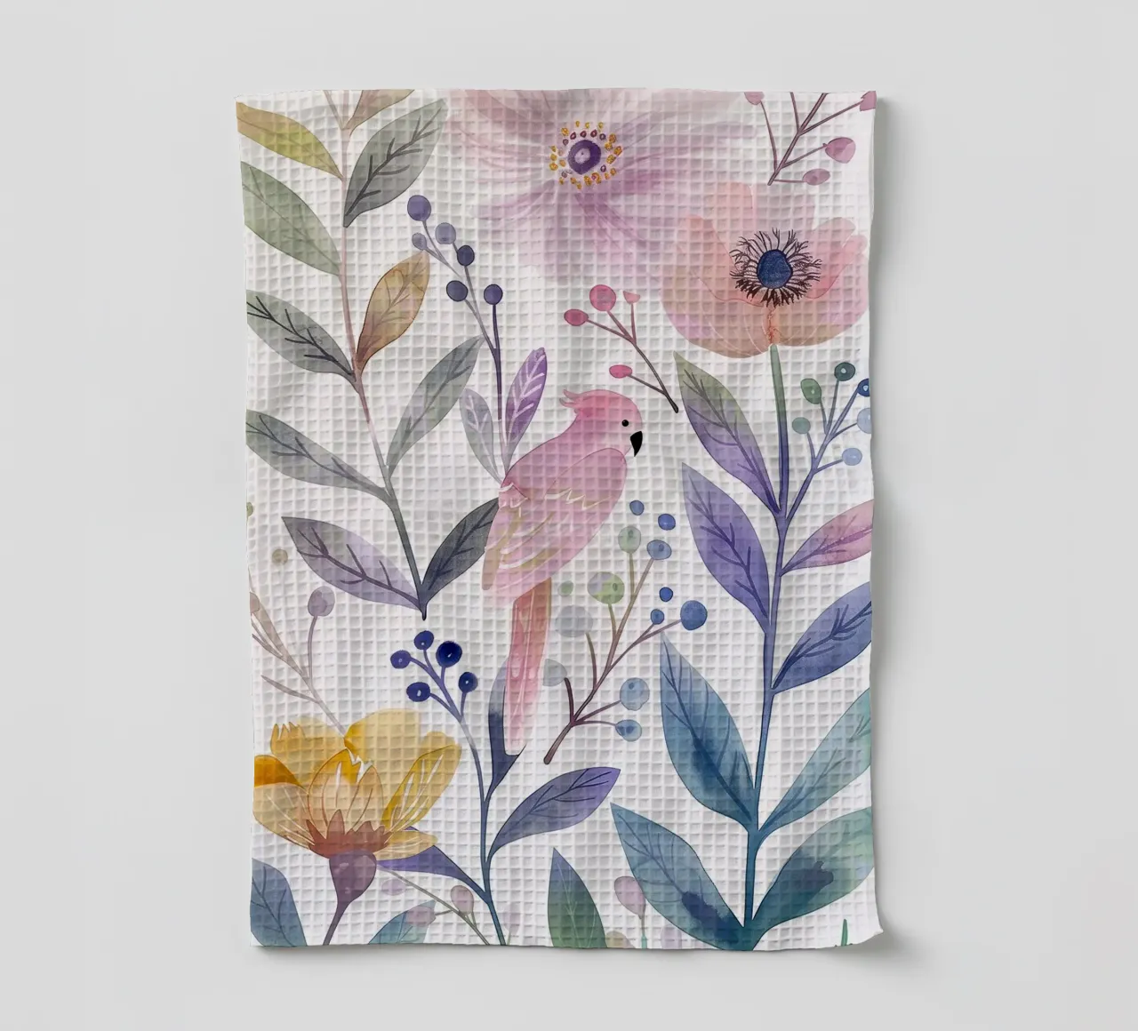 Uccello botanico vintage Cacatua rosa Pappagallo Fiori di papavero canovaccio da cucina da Gentle Echoes Art