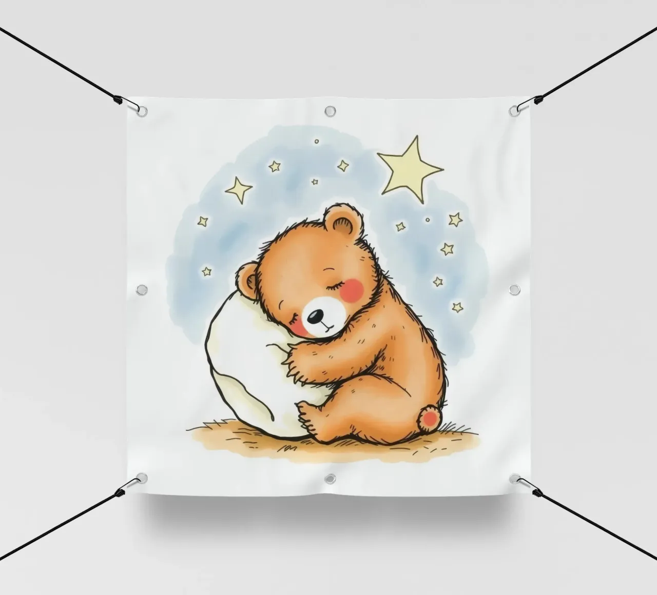 Ours mignon câlinant un oreiller sous les étoiles dans un ciel nocturne bâche pvc de DesignDoodle