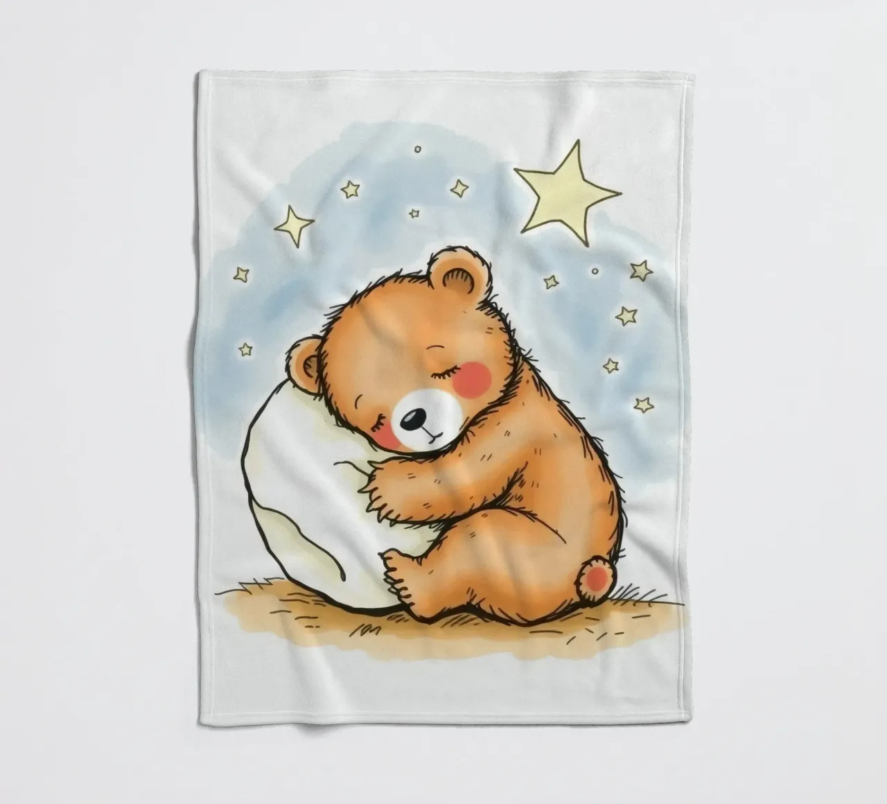Cute bear cuddling a pillow under stars in a night sky fleece blanket by DesignDoodle