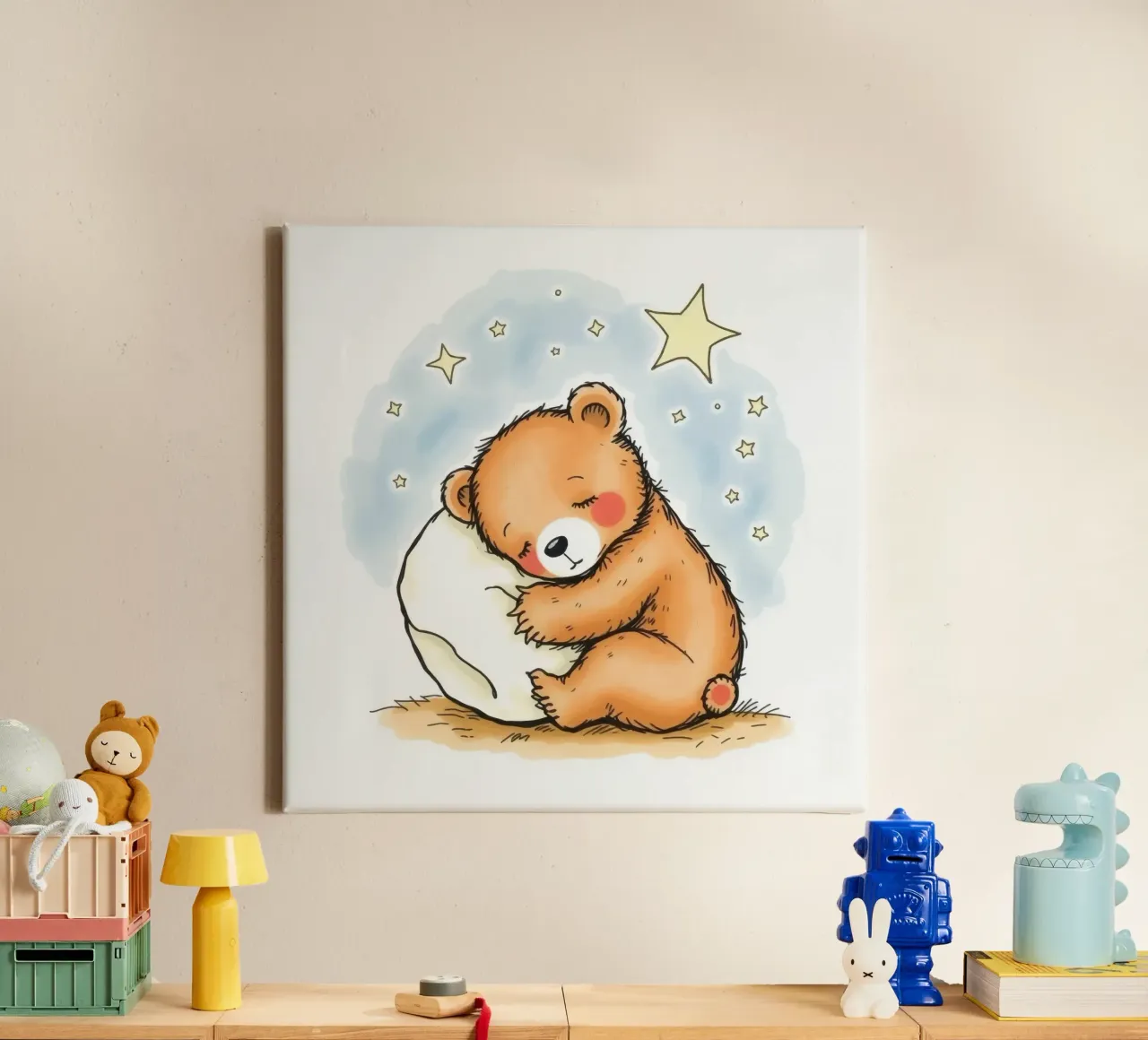 Orso carino che coccola un cuscino sotto le stelle in un cielo notturno tela con Cornice a cassetta da DesignDoodle