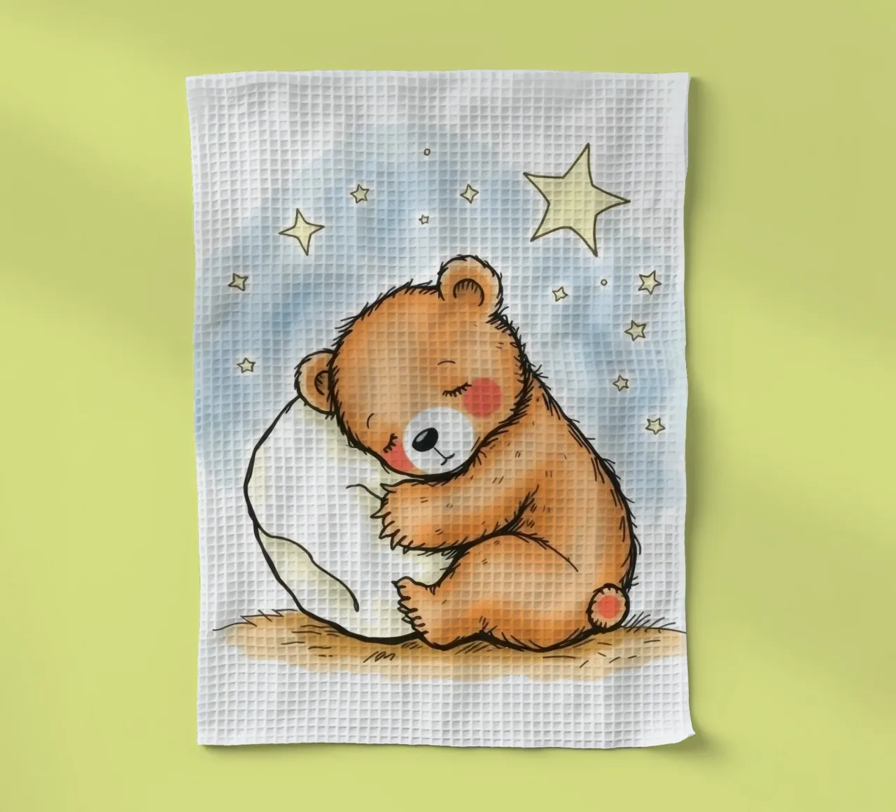 Ours mignon câlinant un oreiller sous les étoiles dans un ciel nocturne torchon de DesignDoodle