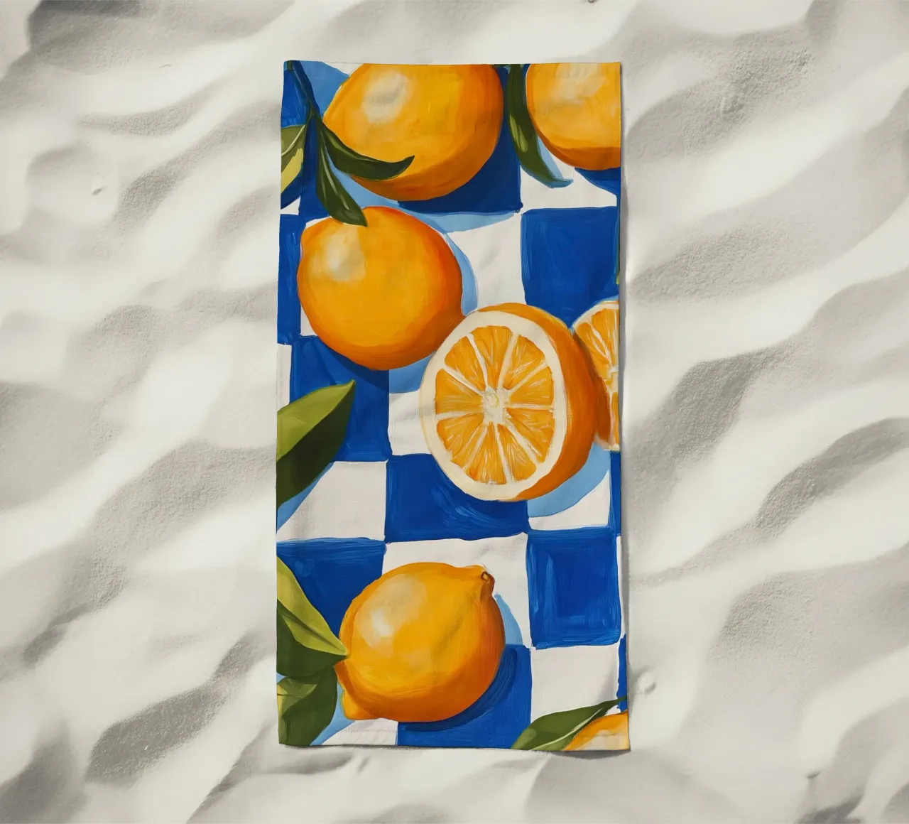 Citrus Harmony on Checkered Canvas beach towel by Melloi Art Print