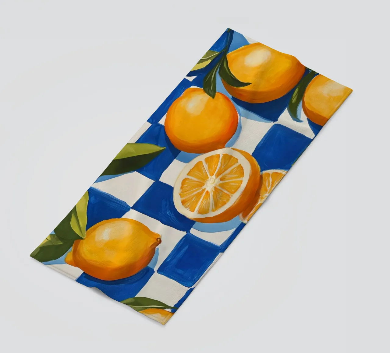 Citrus Harmony on Checkered Canvas beach towel by Melloi Art Print