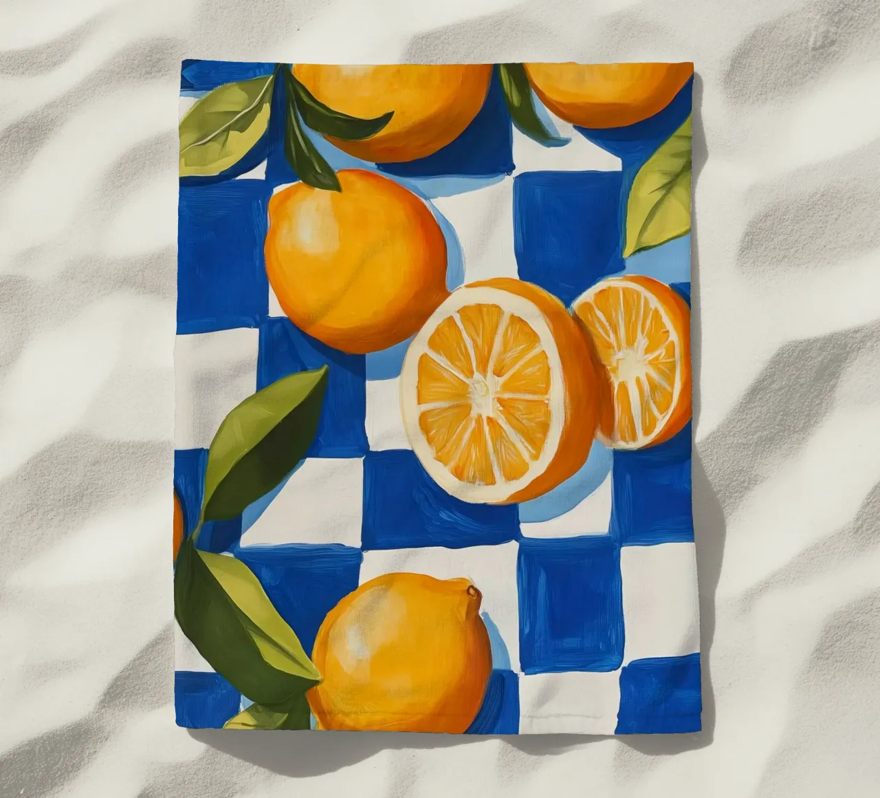 Citrus Harmony on Checkered Canvas beach towel by Melloi Art Print