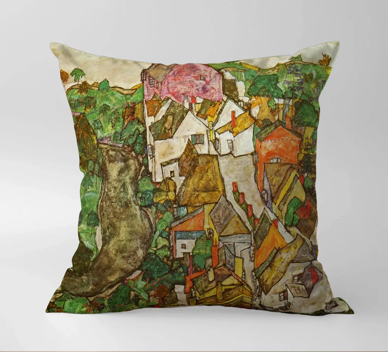 Egon Schiele - Landscape at Krumau decorative cushion by Timeless Artworks