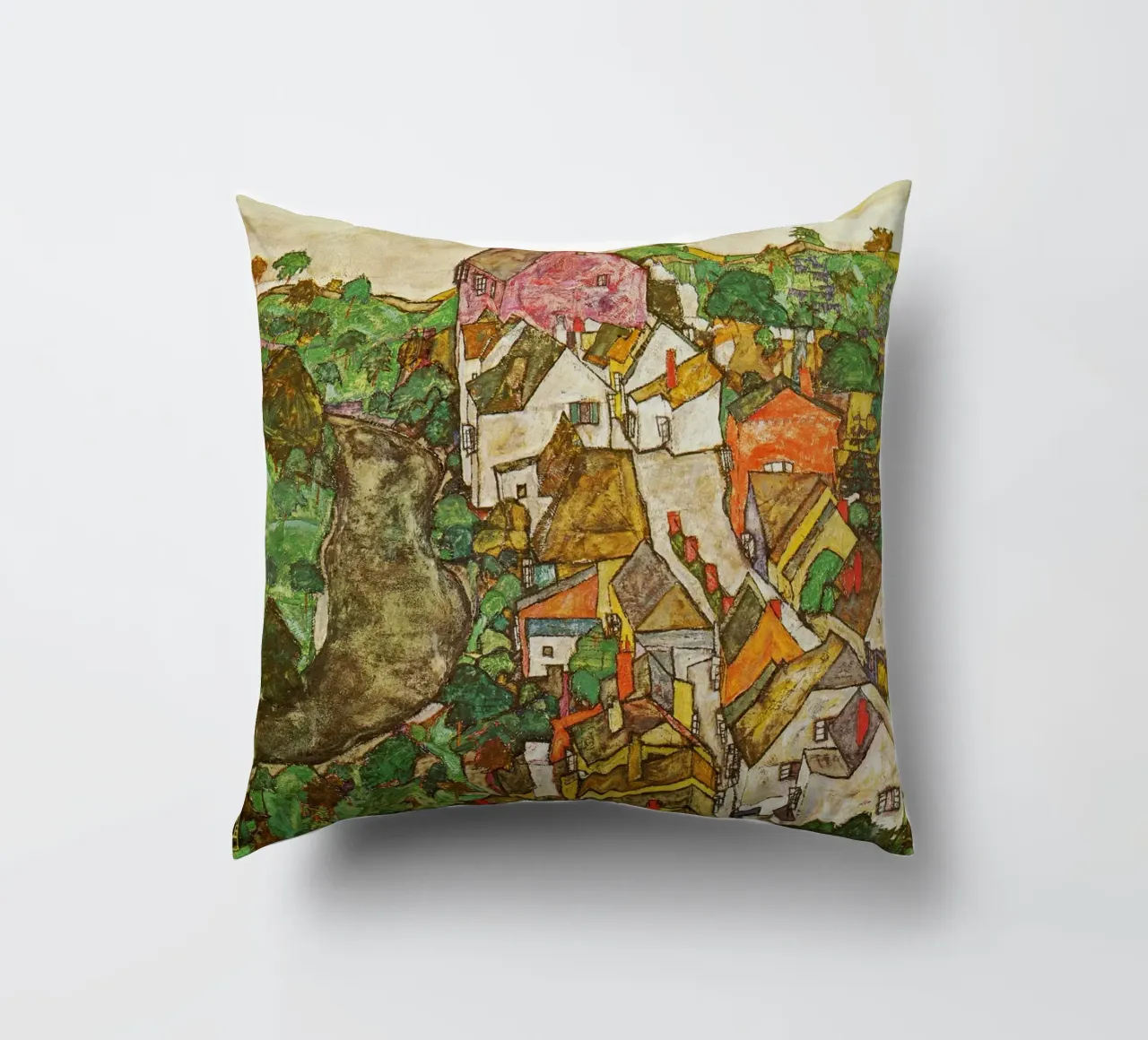 Egon Schiele - Landscape at Krumau decorative cushion by Timeless Artworks