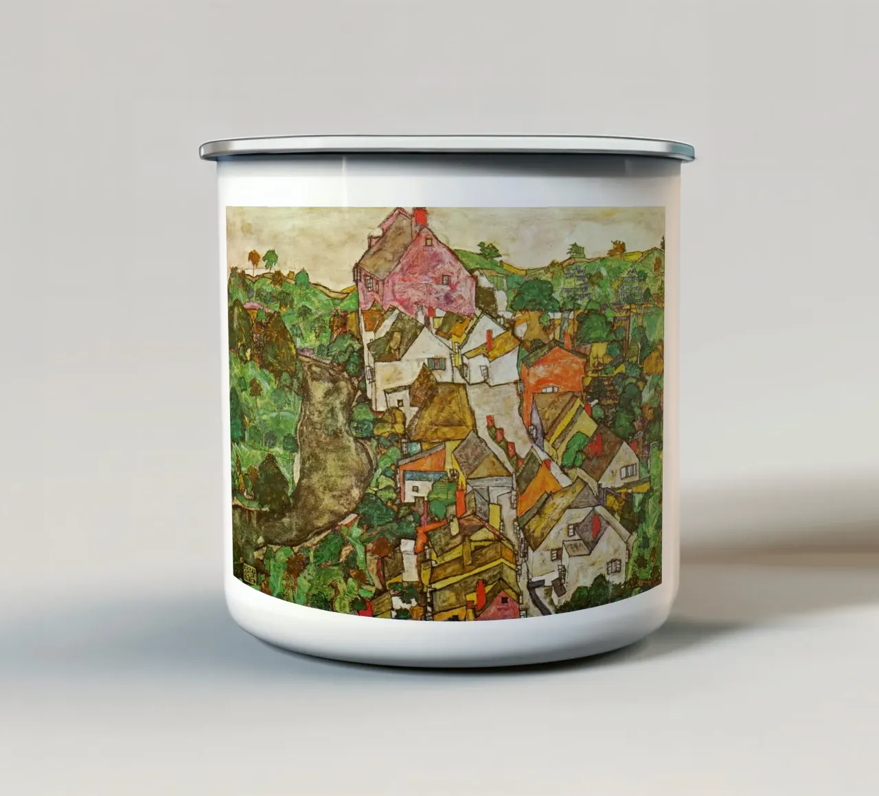 Egon Schiele - Paesaggio a Krumau tazza in smalto da Timeless Artworks