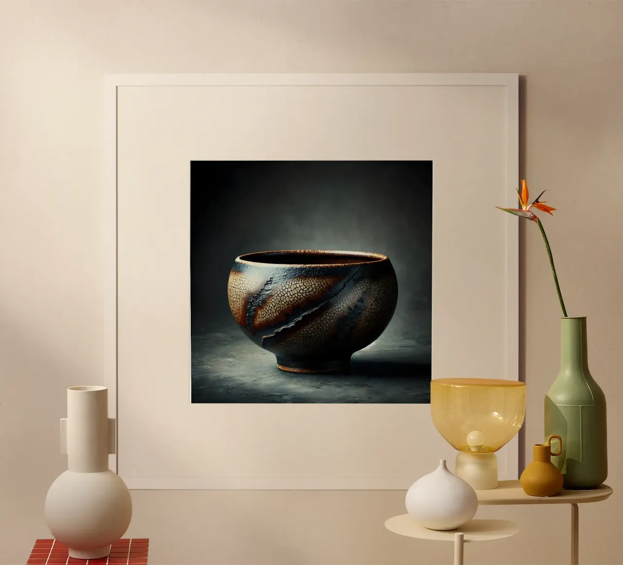 Ceramic bowl motif with raku glaze look poster with wooden frame by scHio