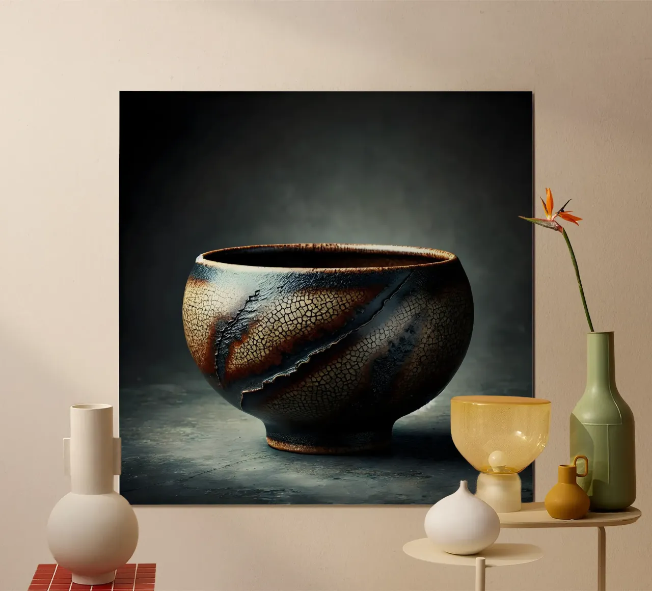 Ceramic bowl motif with raku glaze look poster with wooden frame by scHio
