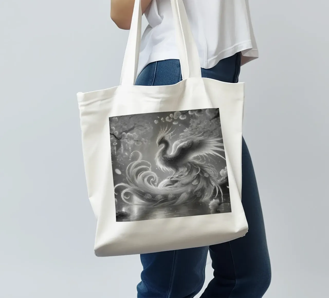Majestic phoenix - Mystical art in black and white tote bag by scHio