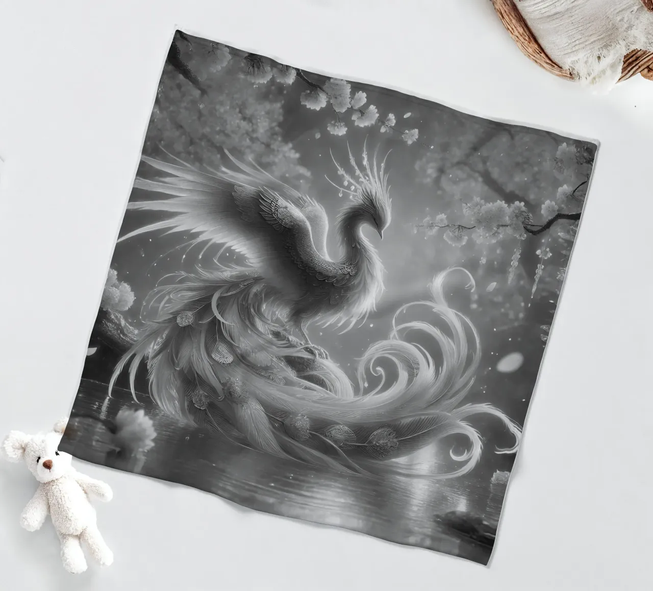 Majestic phoenix - Mystical art in black and white fleece blanket by scHio