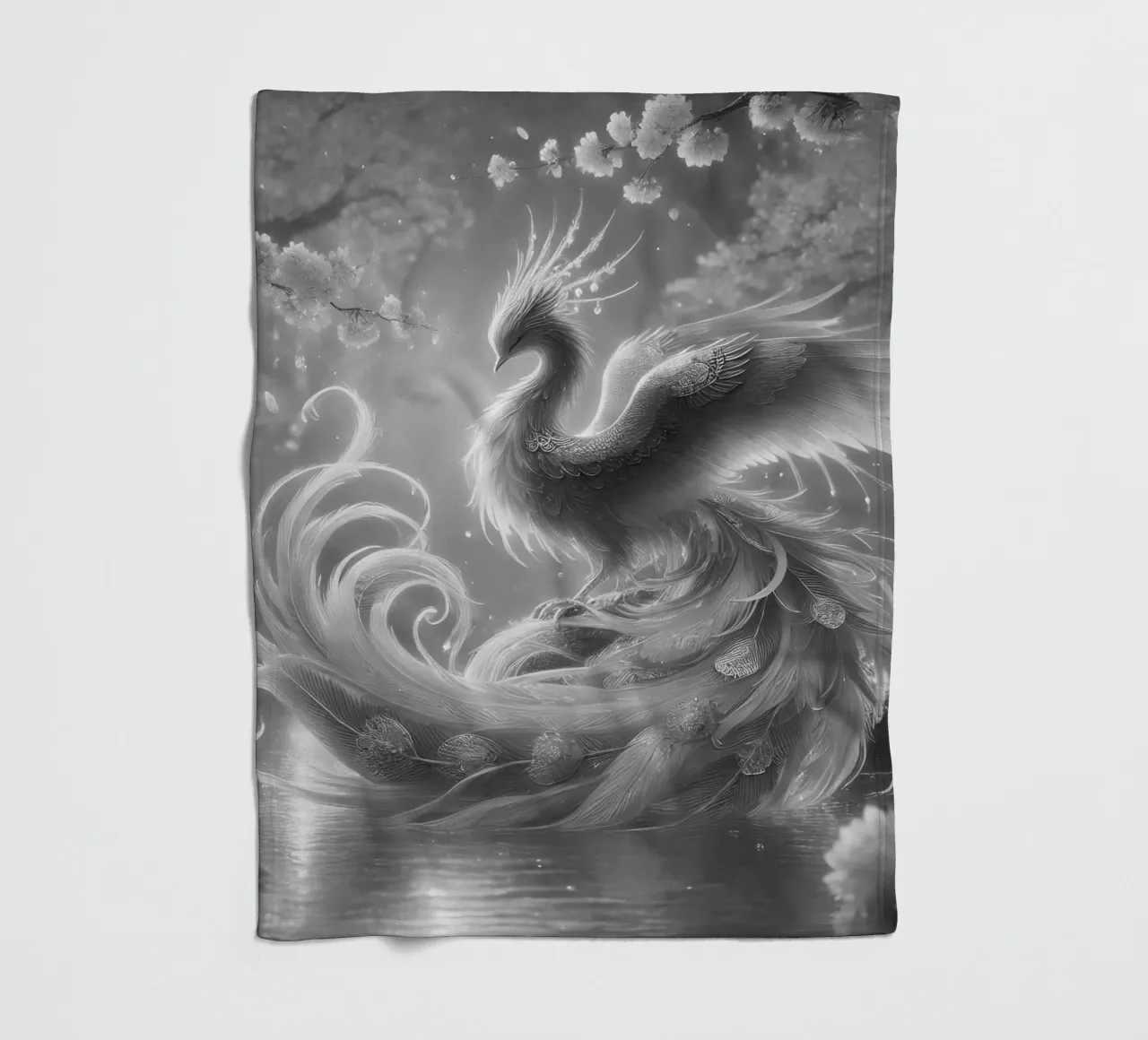 Majestic phoenix - Mystical art in black and white fleece blanket by scHio