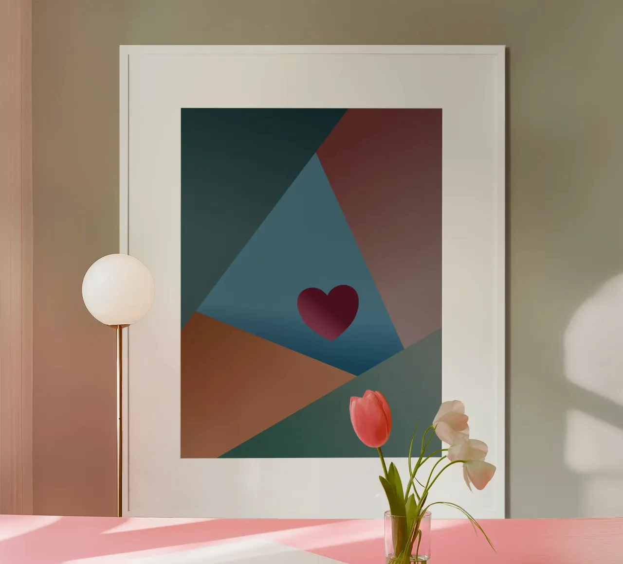 Forme geometriche colorate e un cuore rosso poster con telaio in legno da Something for you