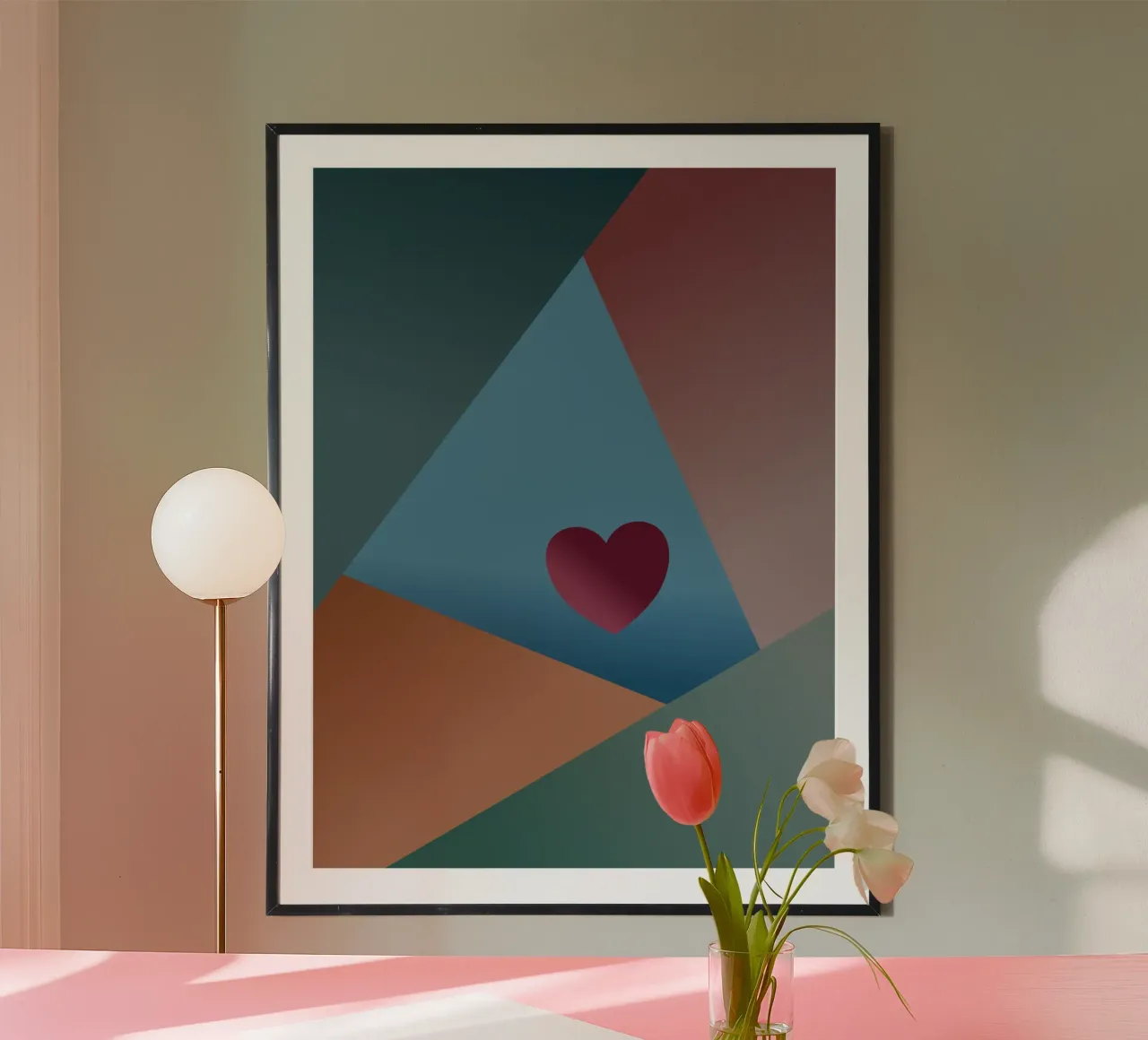 Forme geometriche colorate e un cuore rosso poster con telaio in legno da Something for you