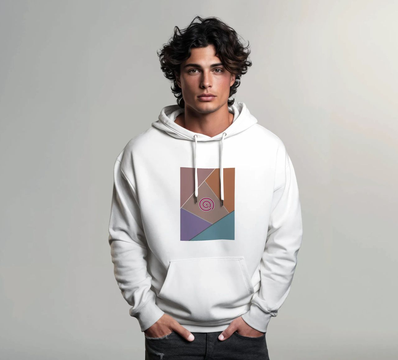 Forme geometriche colorate e una spirale rosa felpa con cappuccio da Something for you