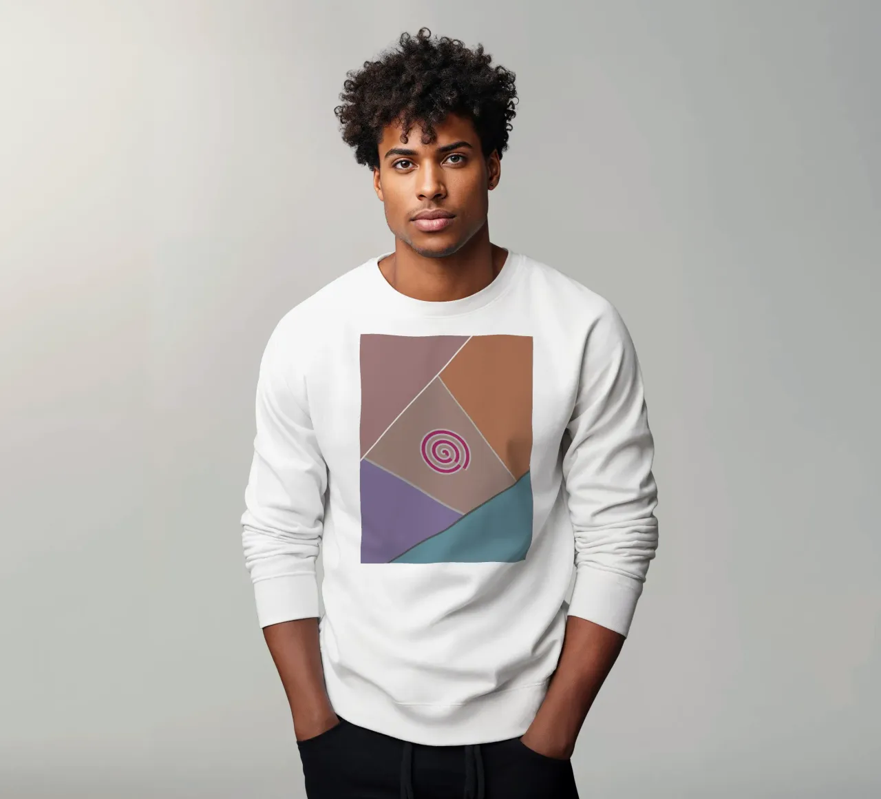 Colourful geometric shapes and a pink spiral sweatshirt by Something for you