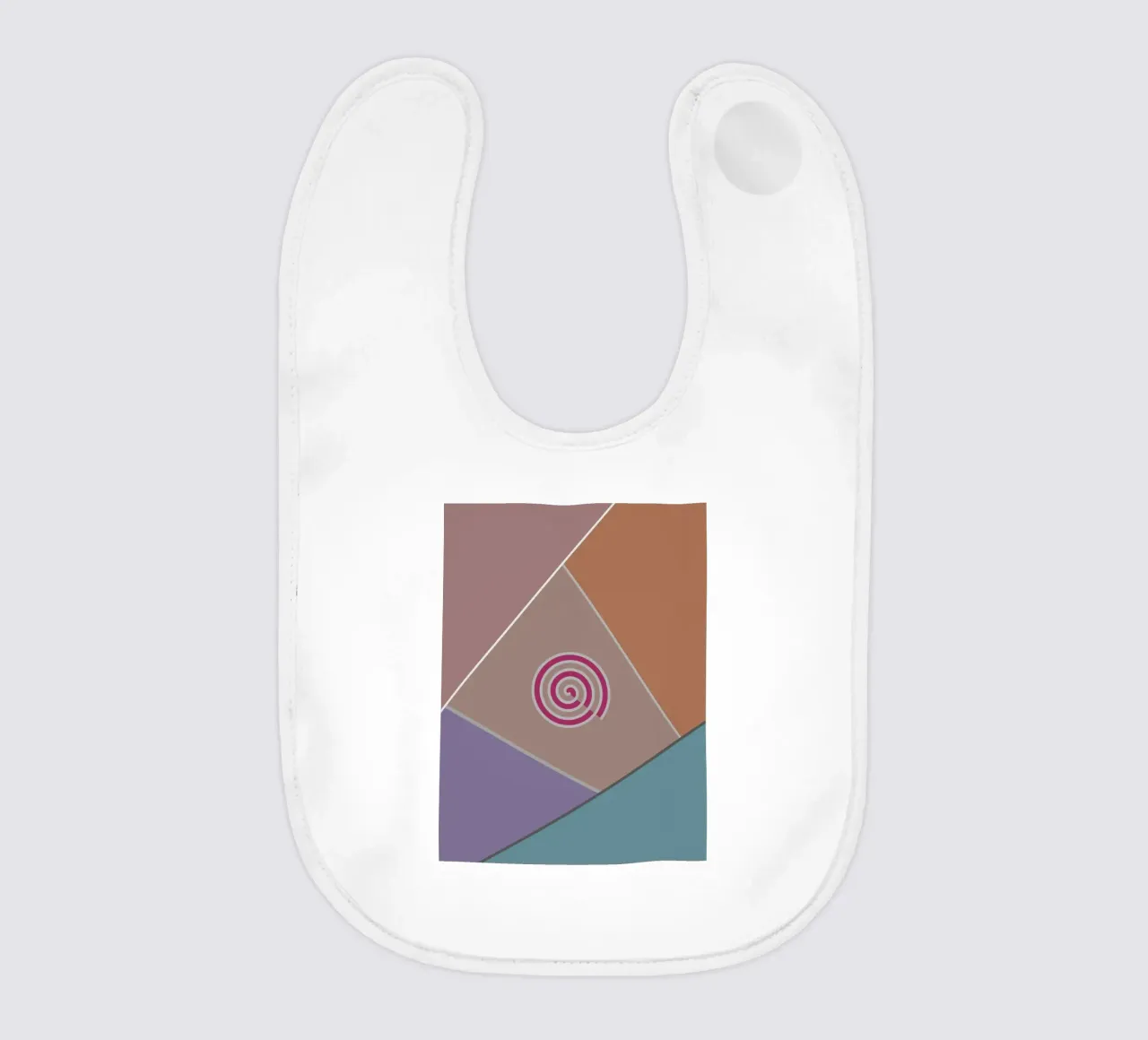 Colourful geometric shapes and a pink spiral baby bib by Something for you