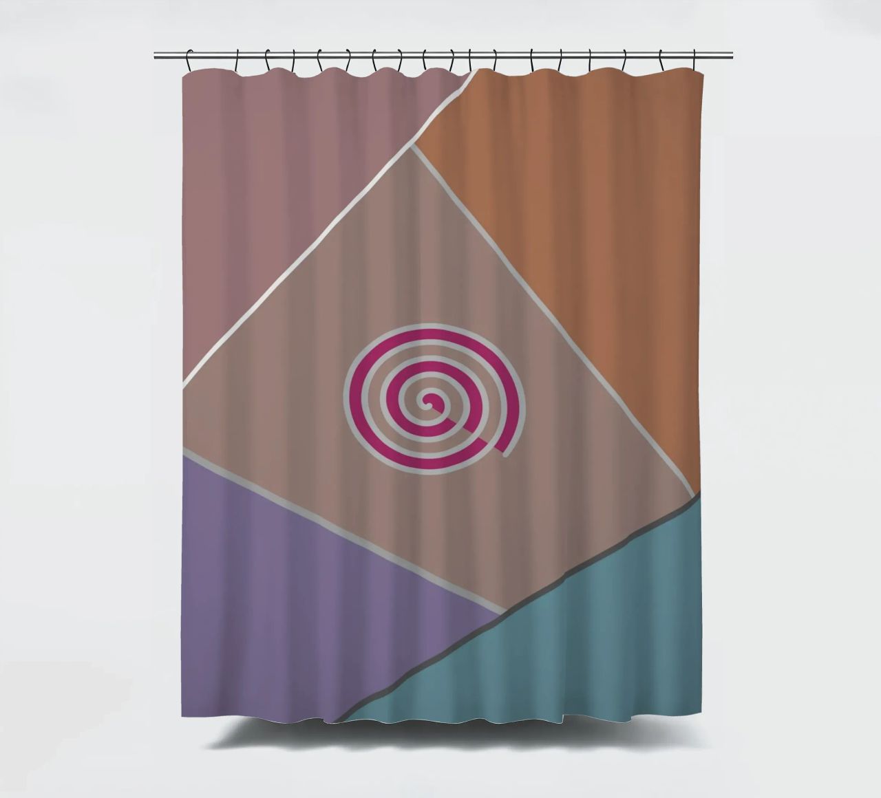 Forme geometriche colorate e una spirale rosa tenda da doccia da Something for you