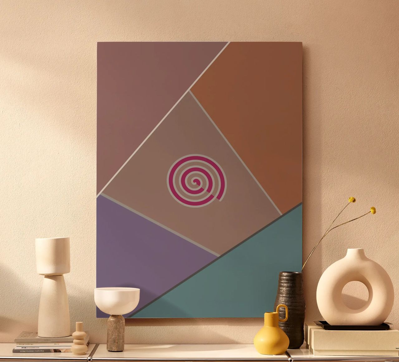 Forme geometriche colorate e una spirale rosa alluminio dibond da Something for you