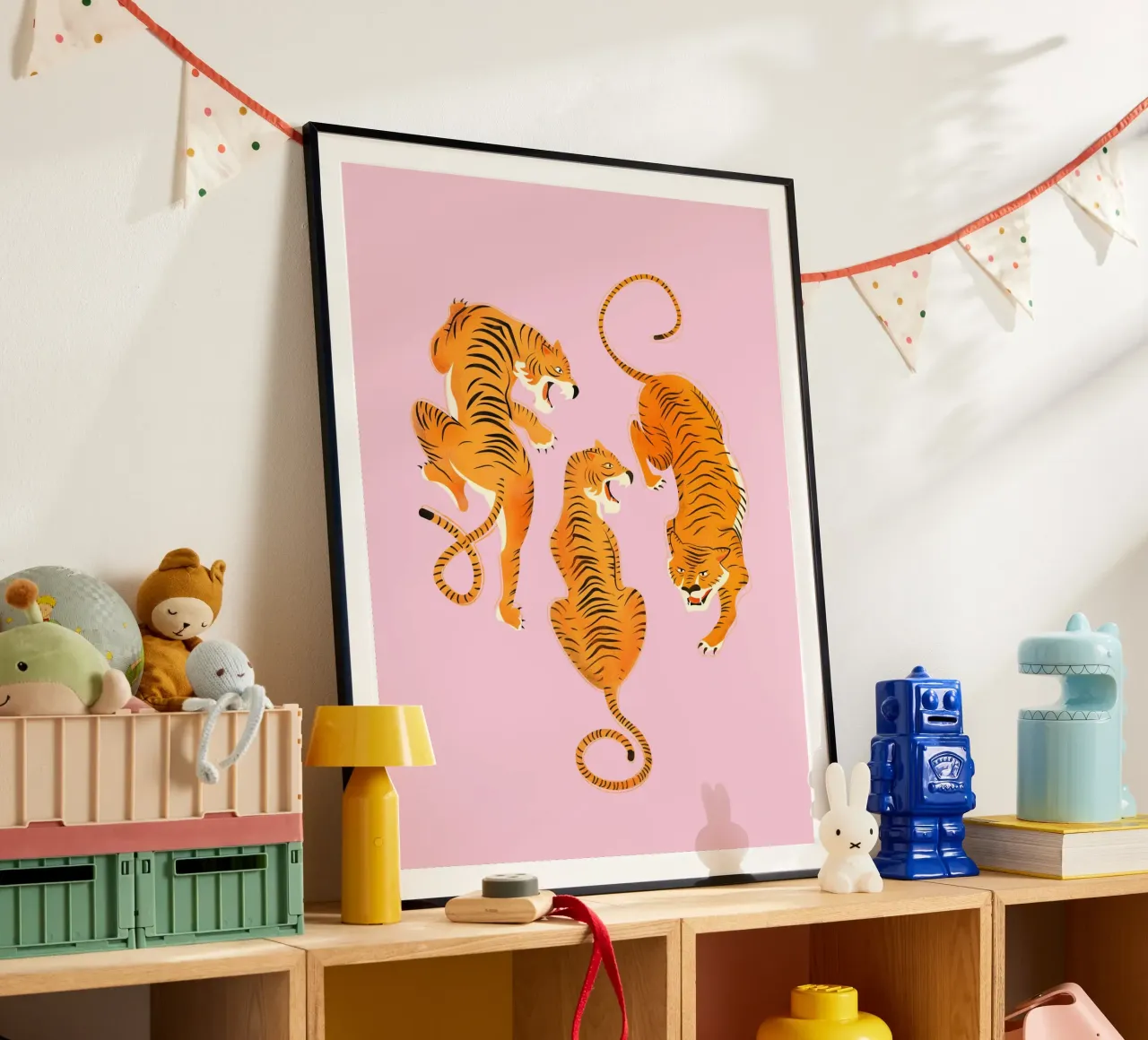 Fierce Three Tigers – Bold Vintage Wildcat Illustration poster con telaio in plastica da showmemars