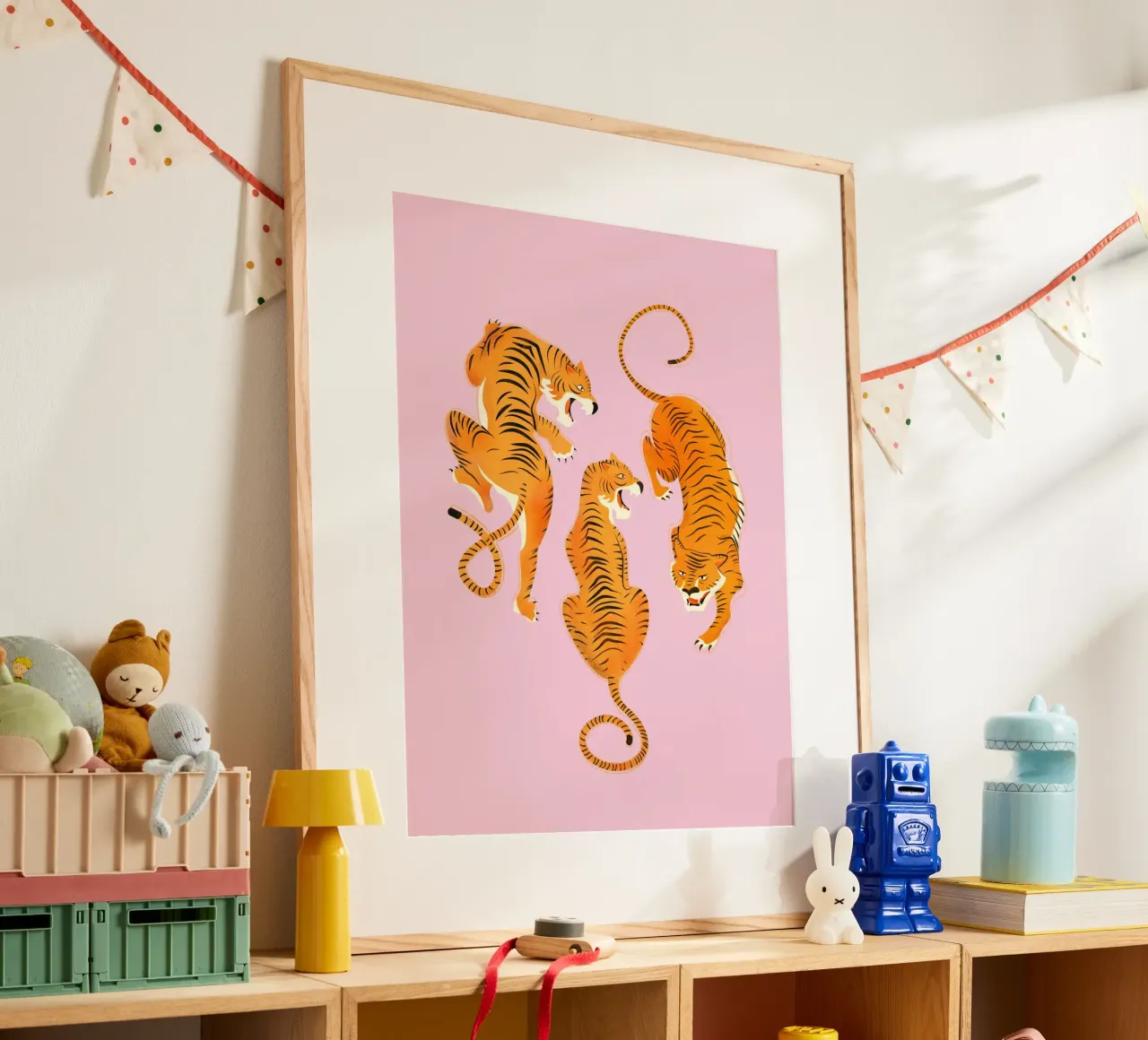 Fierce Three Tigers – Bold Vintage Wildcat Illustration poster con telaio in plastica da showmemars